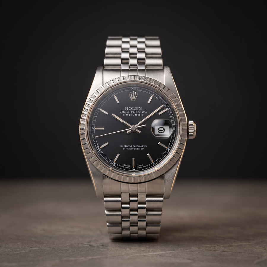 36MM Black Dial Datejust Engine Turned Bezel